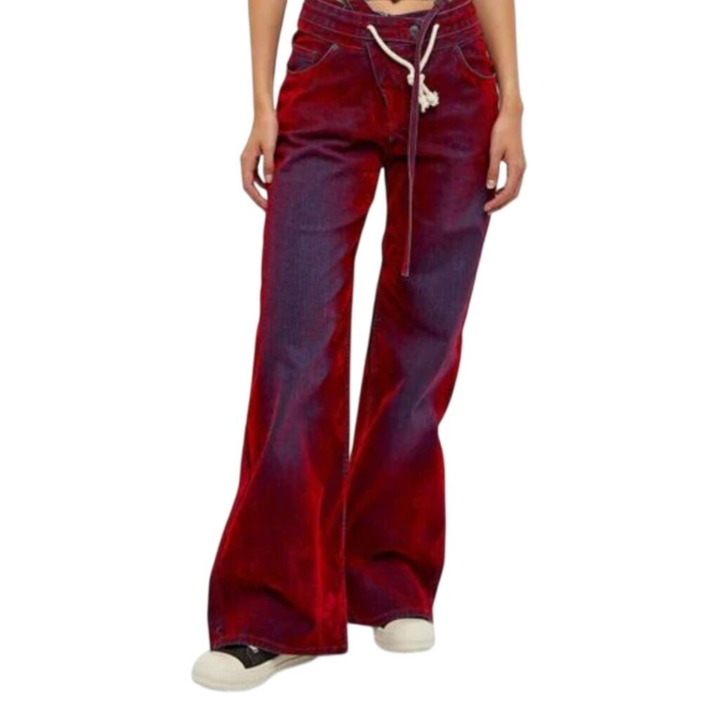 Ottolinger Red Double Fold Wide leg Velvet Jeans size L Raw Edge Cotton blend